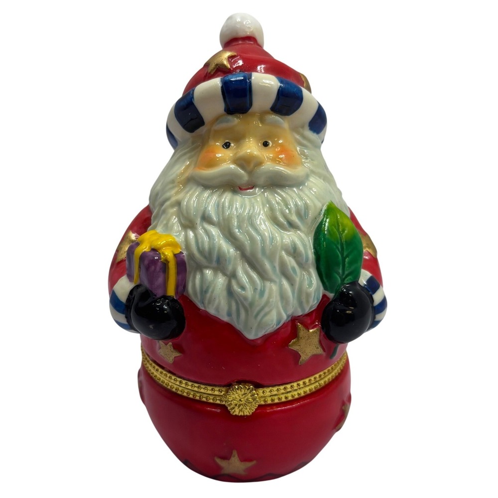 Vintage Santa Claus Hinged Trinket Box Ceramic Christmas Figurine Red Gold 4.5"‎